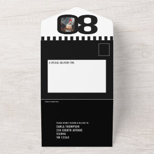 Zwart mono fotocirkels strepen 80ste verjaardag all in one uitnodiging