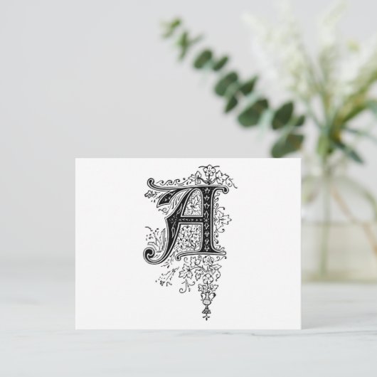 Zwart monogram A Script Floral Briefkaart (Staand voorkant)