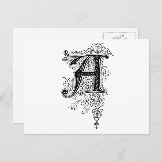 Zwart  monogram A Script Floral Briefkaart (Voorkant / Achterkant)