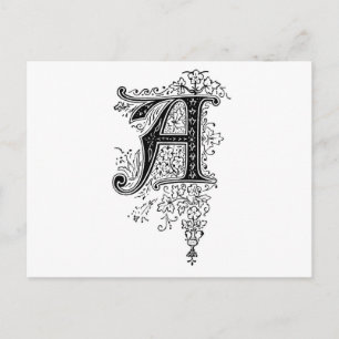 Zwart  monogram A Script Floral Briefkaart