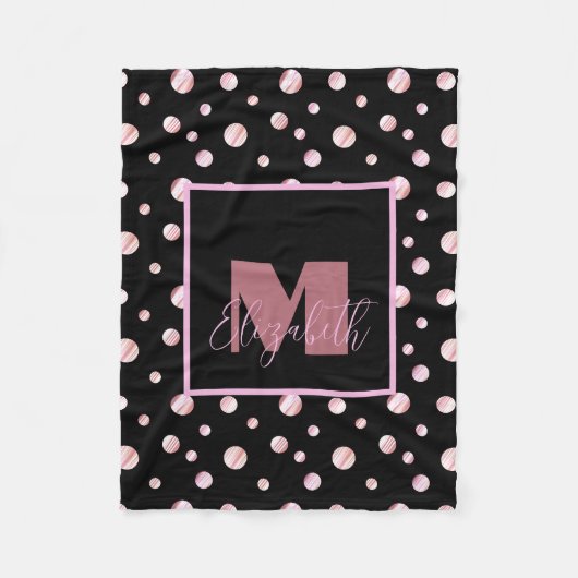 Zwart Monogram Aangepaste Naam Polka Dots Geometri Fleece Deken (Voorkant)
