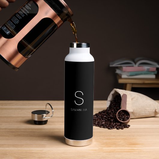 Zwart Monogram Minimalistische naam Waterfles (Koffie)