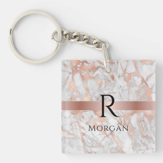 Zwart monogram & naam, wit en Roos goudmarmer Sleutelhanger (voorkant)