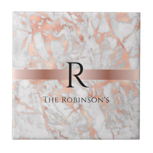 Zwart monogram & naam, wit en Roos goudmarmer Tegeltje