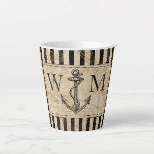 Zwart monogram Nautisch Anker Oude Wereldkaart Latte Mok