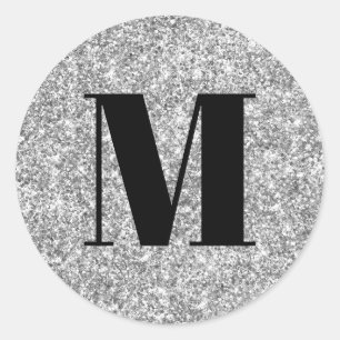 Zwart monogram op nep zilver glitters ronde sticker