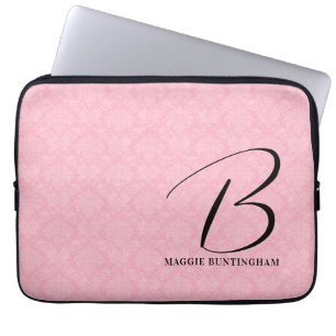 Zwart monogram op Roze Damask Laptop Sleeve
