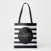 Zwart Monogram Script Calligrafie Modern Stripe Draagtas (Voorkant)