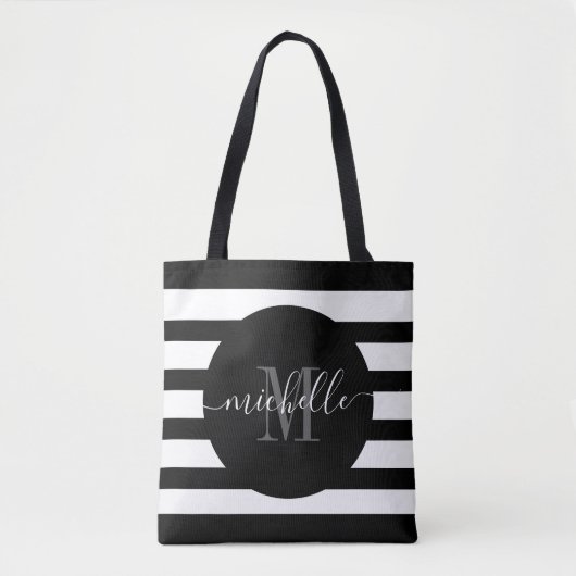 Zwart Monogram Script Calligrafie Modern Stripe Draagtas (Voorkant)