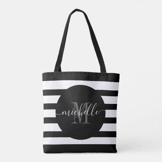 Zwart Monogram Script Calligrafie Modern Stripe Draagtas (Achterkant)