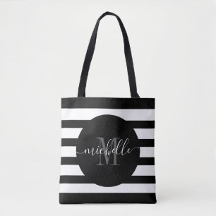 Zwart monogram script kalligrafie Modern Stripe Draagtas