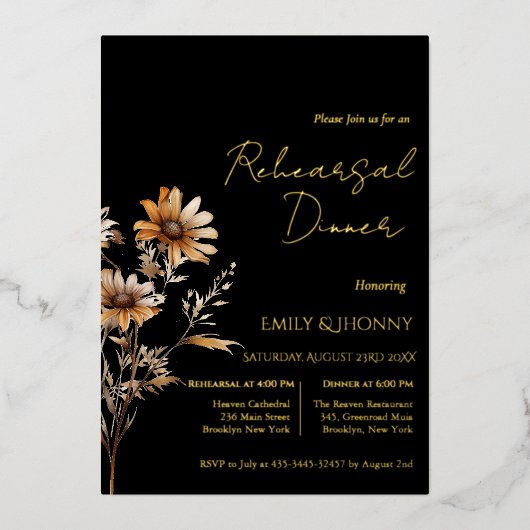 Zwart Monogram Wildflower repetitie diner Folie Uitnodiging (Voorkant)