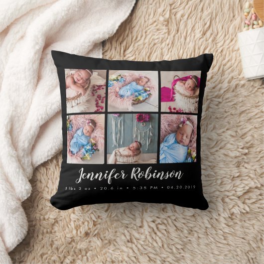 Zwart Monogrammed Geboorte Stat Zwart Foto Collage Kussen (Deken)