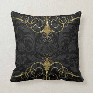 Zwart Monotonen Bloemen Damasks & Goud Lijst Kussen