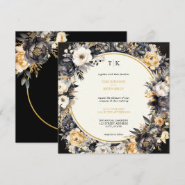 Zwart Moody Floral QR Code RSVP bruiloft uitnodigi Kaart