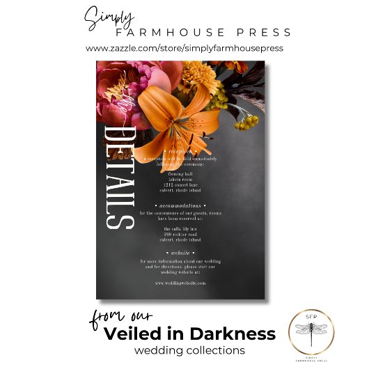 Zwart Moody Gothic Sinaasappel Lily bruiloft detai Informatiekaartje