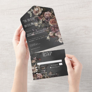Zwart Moody Gotische Bloemen & Mist Diner Custom All In One Uitnodiging
