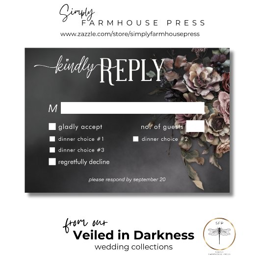 Zwart Moody Gotische Bloemen & Mist Diner RSVP Kaartje