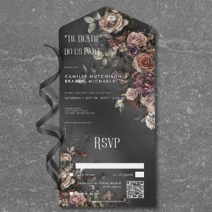 Zwart Moody Gotische Bloemen & Mist QR Code All In One Uitnodiging