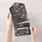 Zwart Moody Gotische Bloemen & Mist QR Code All In One Uitnodiging (Afscheurbaar)