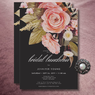 Zwart Moody Roze Blush Blooms Bridal Luncheon Kaart