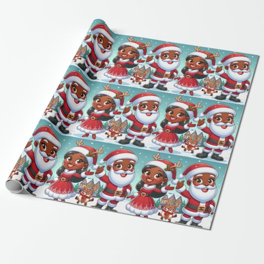 Zwart Mr & Mrs Claus inpakpapier (Uitgerold)