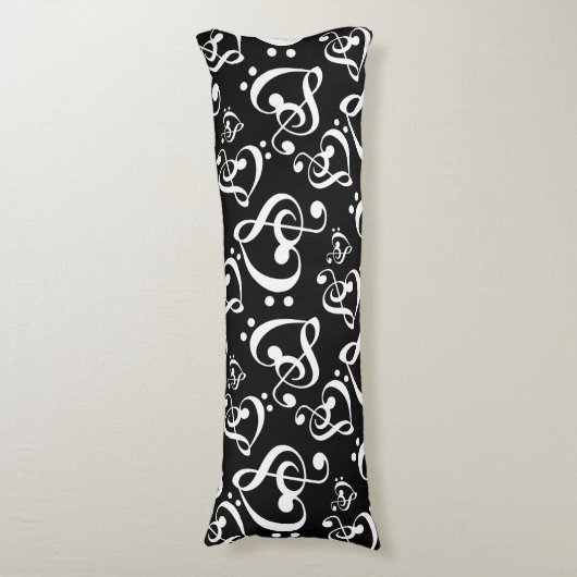 Zwart N Wit Muziek Clef Hart Patroon Dubbele kant Lichaamskussen (Voorkant Verticaal)