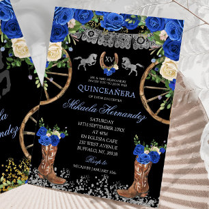 Zwart Navy Blauw en Zilver Charra Quinceañera Kaart