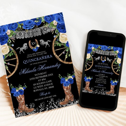 Zwart Navy Blauw en Zilver Charra Quinceañera Kaart