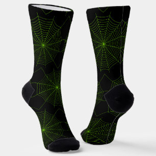 Zwart neon groen spinnenweb Halloween patroon Sokken