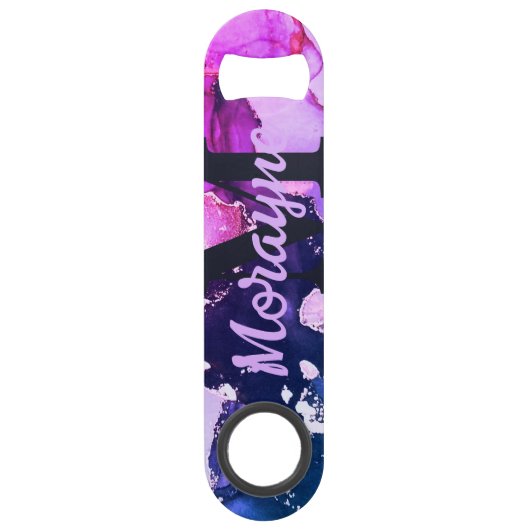 Zwart Neon Marmer Bruiloft Bartender Monogram Naam Speed Flessenopener (Voorkant)