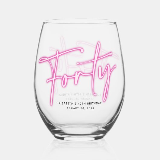 Zwart Neon Roze Veertig 40e Verjaardag Wijnglas Zonder Voet (Voorkant)