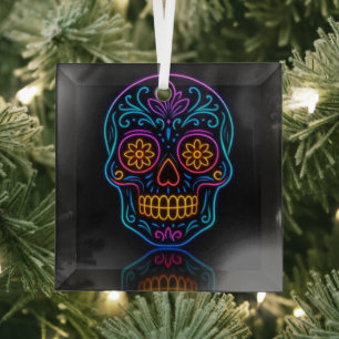 Zwart, neon suiker schedel/dag van de doden welkom glas ornament