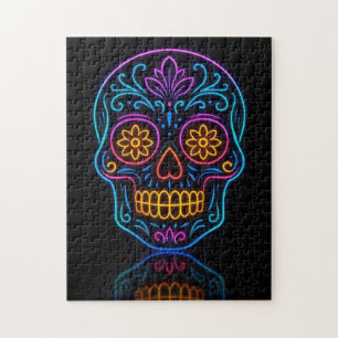 Zwart, neon suiker schedel/dag van de doden welkom legpuzzel