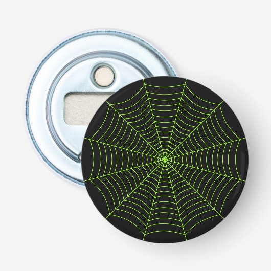 Zwart neongroen spinweb Halloween patroon Button Flesopener (Voorkant)