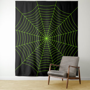 Zwart neongroen spinweb Halloween patroon Wandkleed