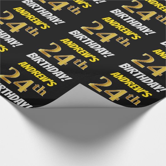 Zwart, Nep/Namaak Goud, "24e VERJAARDAG" Cadeaupapier (Hoek)