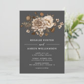 Zwart & Neutraal Bloemen | Dark Moody Boho Bruilof Kaart (Staand voorkant)