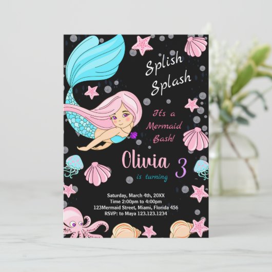 Zwart Onder het zee Zeemeermin Verjaardagsuitnodig Kaart (Staand voorkant)