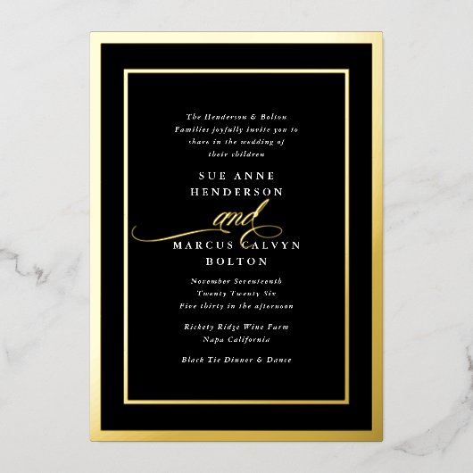Zwart Onyx Formele Kalligrafie Goud Lijst Bruiloft Folie Uitnodiging (Voorkant)