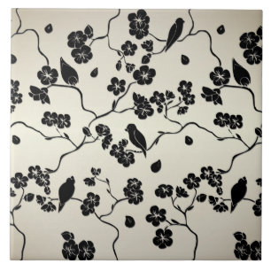 Zwart op Bronze Pattern Birds and Cherry Blossom Tegeltje