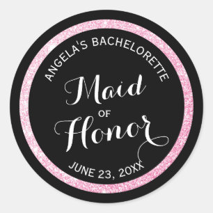 Zwart op Roze Glitter Maid of Honor Bachelorette Ronde Sticker