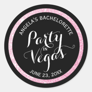 Zwart op roze Glitter Party in Vegas Bachelorette Ronde Sticker