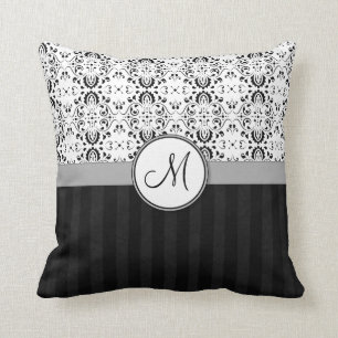 Zwart op White Damask en Stripes met Monogram Kussen