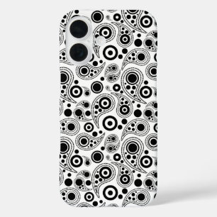 Zwart op wit cirkelvormig stip paisleystijlpatroon iPhone 16 hoesje