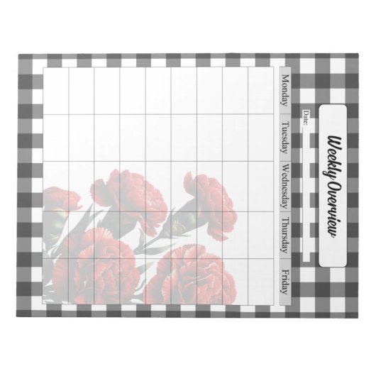 Zwart op wit Floral Gingham_ Wekelijks overzicht Notitieblok (Voorkant)