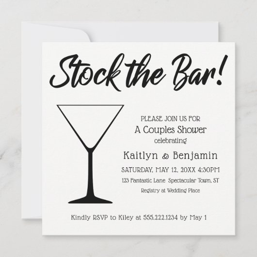 Zwart op wit Script Stock de Bar Couples Douche Kaart (Voorkant)