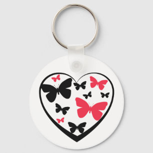 Zwart open hart met rode en zwarte vlinders sleutelhanger