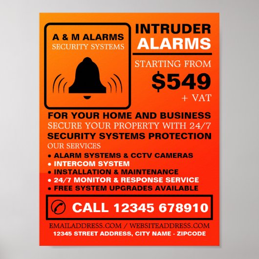 Zwart-Oranje Alarm Logo, Beveiligingsalarmservice Poster (Voorkant)