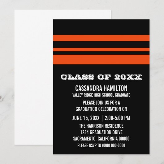 Zwart-Oranje bandstreep Afstuderen uitnodigen Kaart (Voorkant / Achterkant)